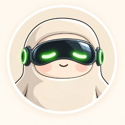 The Muse Inu mascot: a cream hooded muse wearing dark goggles with glowing green eyes and pink cheeks.